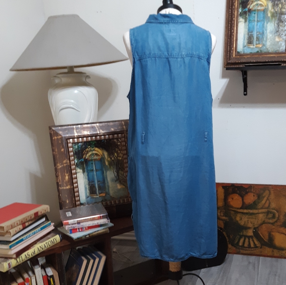 Womens Denim Blue Dress Plus Sz XXL Button up Below Knee Vest Like Sleeveless - Picture 10 of 11